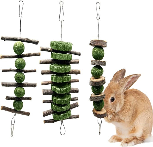 3 Pcs Bunny Teeth Grinding Chew Toys, Apple Branch Chewing Sticks with Grass Ball and Grass Cake for Rabbits Bunnies Hamsters Guinea Pigs