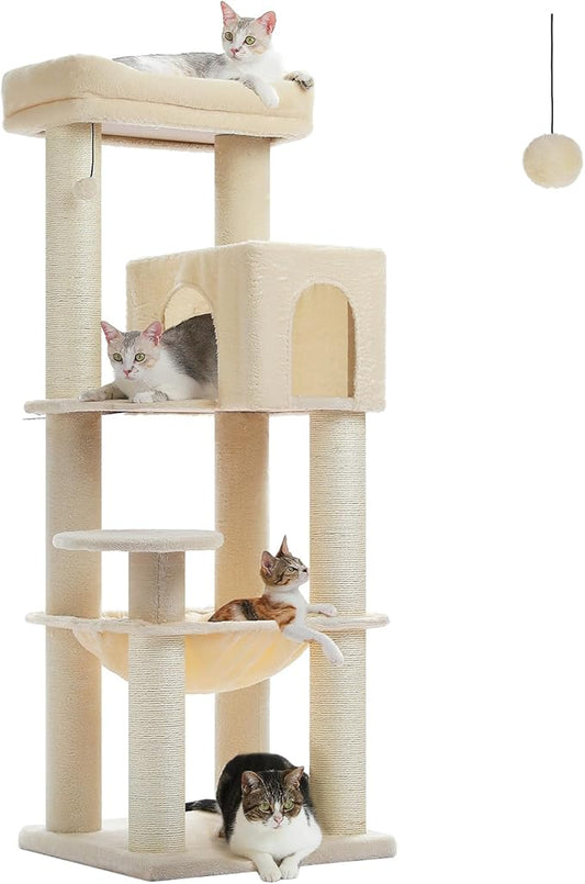 PETEPELA Cat Tree for Large Cats up to 30 lbs, 58" Heavy Duty Cat Tower with Reinforced Scratching Posts[ φ3.9”], Large Hammock, Spacious Condo & Top Perch, Sturdy Cat Furniture for Maine Coons, Beige