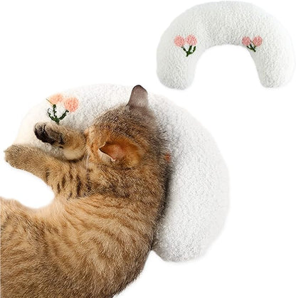 T'CHAQUE Dog Pillow Bed, Cat Calming Pillow, Dog Neck Pillow for Joint Relief Sleeping, Ultra Soft Half Donut Cuddler, Pillow Pet for Upper Spine Support, Doggy/Kitten Pillow Training Toy，White