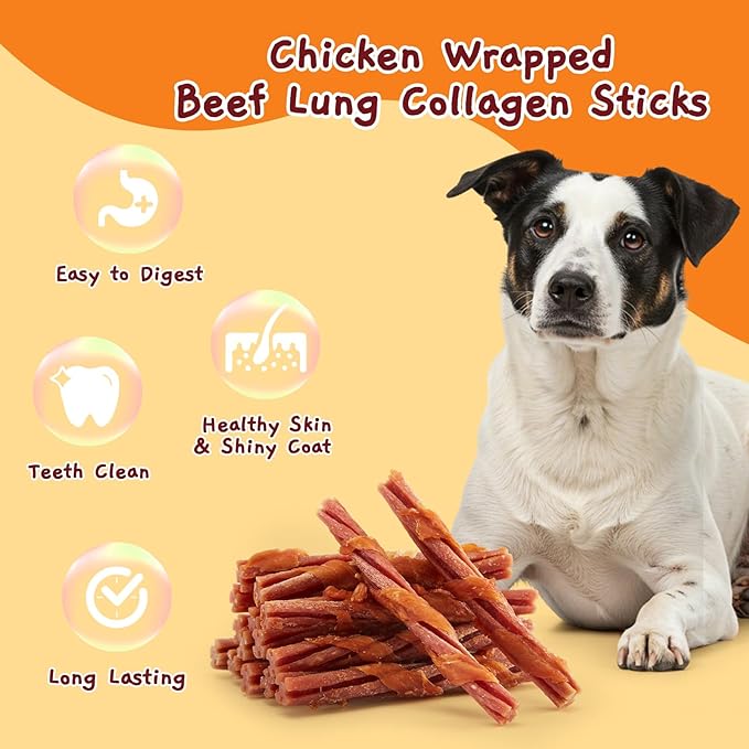 Jungle Calling Dog Treats, Chicken Wrapped Collagen Sticks Chewy Treat, Beef Lung Flavor, Chews Stick for Small Medium Breed Dogs Chewers, Chew Snack Healthy Easy to Digest Teeth Cleaning,14.1 oz