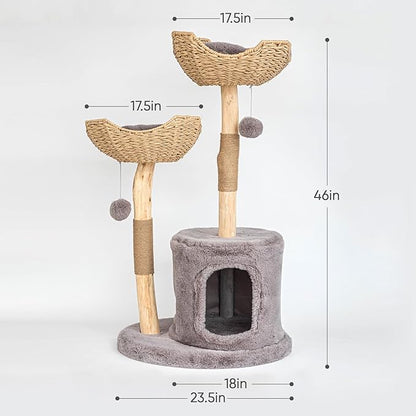Modern Cat Tree for Indoor Cats Large Adult, 46" Tall Wooden Cat Tower for Large Cats with Scratching Post, Luxury Cat Condo, Grey