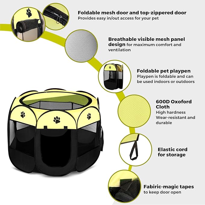 Pet Dog Puppy Playpen Dog Cat Tent Crates, Foldable Exercise Kennel Portable Playpen for Small Medium Dogs/Cats/Rabbits, Indoor Outdoor Travel Camping Use with Removable Zipper Top Green