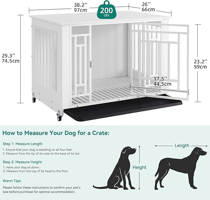 YITAHOME Dog Crate Furniture, 38.2" Heavy Duty Dog Cage, Wooden Side End Table with Wheels, Chew-Resistant Metal Dog Kennel with Removable Tray, Dog House Indoor for Small Medium Dogs, White