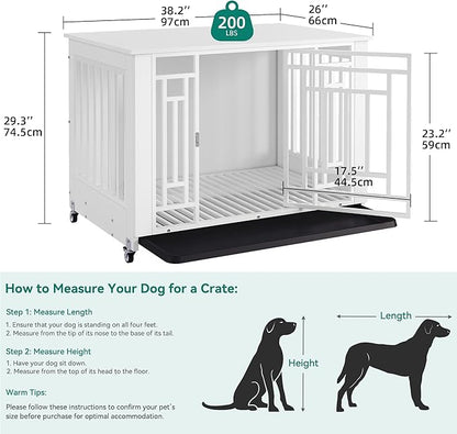 YITAHOME Dog Crate Furniture, 38.2" Heavy Duty Dog Cage, Wooden Side End Table with Wheels, Chew-Resistant Metal Dog Kennel with Removable Tray, Dog House Indoor for Small Medium Dogs, White