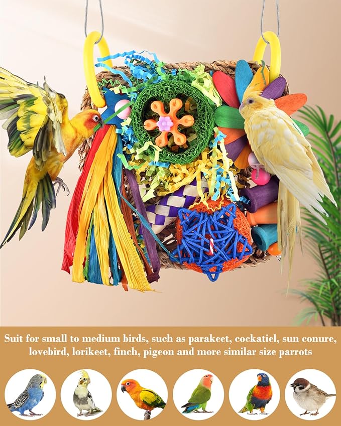 ERKOON Bird Cockatiel Toys Foraging Toys Hanging Parrot Toys for Lovebrid Parakeets Conures Bird Foraging Wall with Colorful Toys for Birds Shredding Seagrass, Birds Cage Toy Accessories