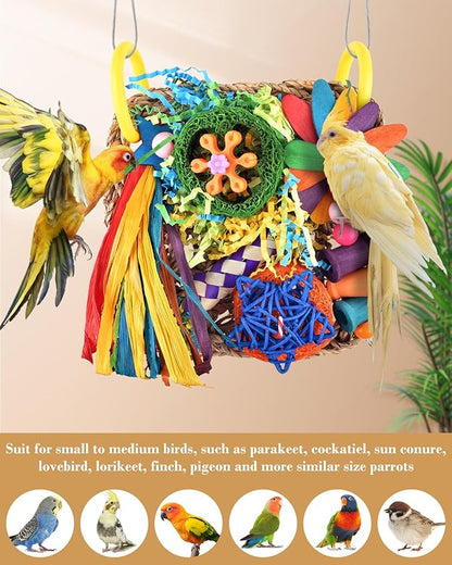 ERKOON Bird Cockatiel Toys Foraging Toys Hanging Parrot Toys for Lovebrid Parakeets Conures Bird Foraging Wall with Colorful Toys for Birds Shredding Seagrass, Birds Cage Toy Accessories