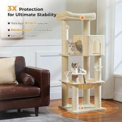 Large Cat Tree with Reinforced Scratching Posts (φ3.7in) for Big Adult Cats 30 lbs, 57.8" Heavy Duty Cat Tower with Larger Hammock and Condo, Cat Furniture for Maine Coon, Plush,Beige