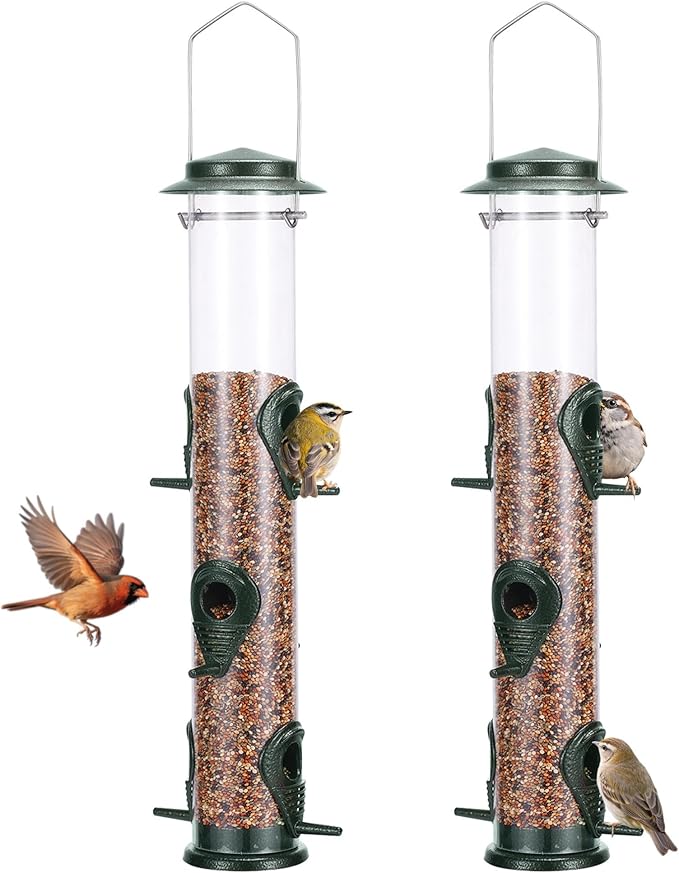 MIXXIDEA 2PK Metal Bird Feeders with 6 Feeding Ports,Tube Bird Feeder with Steel Hanger,Wild Bird Feeder for Outdoors Hanging, Attracting Birds in Your Lawn, Garden, Balcony (Green)