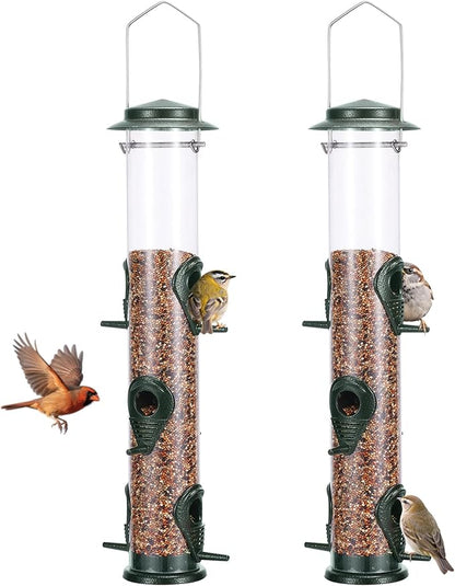 MIXXIDEA 2PK Metal Bird Feeders with 6 Feeding Ports,Tube Bird Feeder with Steel Hanger,Wild Bird Feeder for Outdoors Hanging, Attracting Birds in Your Lawn, Garden, Balcony (Green)