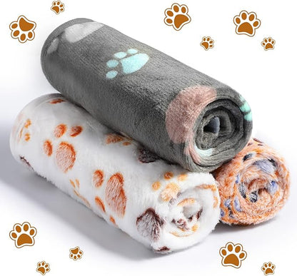 Tegeme 12 Pieces Pet Blanket Soft Fleece Dog Fluffy Doggie Warm Felt Throw Spring Cute Paw Print Puppy Kitten Sleep Mat Bed Covers for Cat(23 x 16 Inch,Dark Gray, White, Camel)