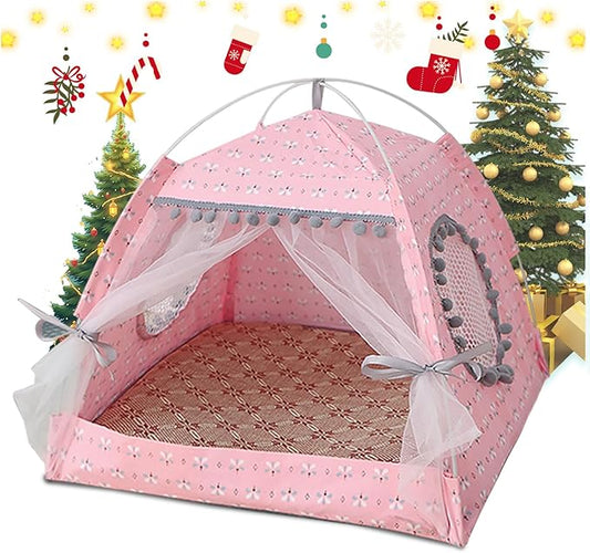 Gigreinc Cat Princess Indoor Tent House Pet Dog Cute Floral Cave Nest Bed Portable Dog Tents (M:38x38x36cm/15x15x14inch, Floral Pink)