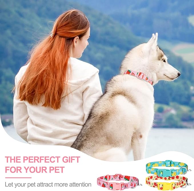 azuza 3 Pack Fruit Design Dog Collars Comfortable and Adjustable Nylon Dog Collars for Small Dogs, S (11-16inch)ï¼_trawberryï¼_emon and Cherry