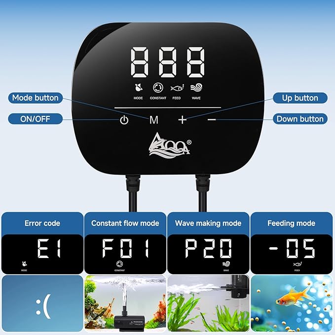 AQQA Aquarium Water Pump,Controllable Return Pump with LCD Display,Constant Flow Mode+Wave Making Mode+Feeding Mode,Submersible and inline Sump pump Pond Pump for Freshwater Saltwater (40W)