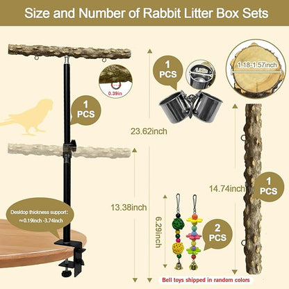 18-27 Inch Height Adjustable Bird Perch Pepper Wood Desktop Bird Training Perch Stand with Feeding Cups and Swing Toy Parakeet Perches Indoor and Outdoor Parrot Stand for Small to Medium Birds