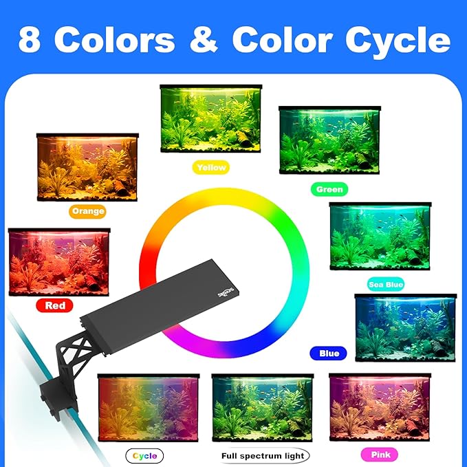 SEAOURA Clip On Aquarium Light for Plants-24/7 Cycle Fish Tank Light with Timer, Full Spectrum+7 Colors Mode, Auto On/Off, Adjustable Brightness and Height, 20W (12inch for 12-20 inch Tank)