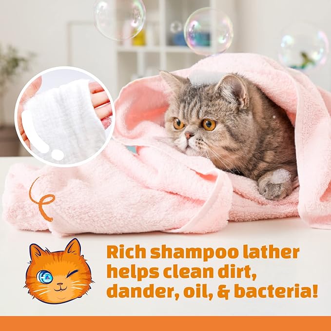 Mr. Tom's Magic Towel - Pet Wipes for Cats - Rinse-Free Compressed Shampoo Towel for Cats and Dogs - Non-Toxic, Re-usable, pH-Balanced, Omega 3 Fish Oil Cat Shampoo - 10 Towel Pieces