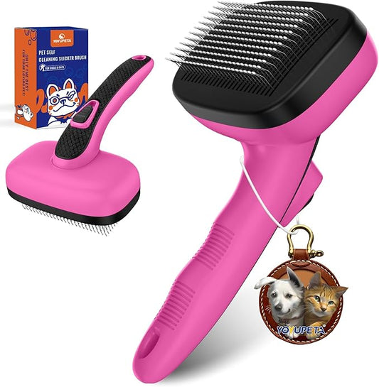 Dog Self Cleaning Slicker Brush for Shedding, Ideal for Short Long Haired Dogs, Including Cat. Removes Loose Fur, Undercoat, Mats, Tangled Hair. Suit for Large Medium Small Animal, Pink