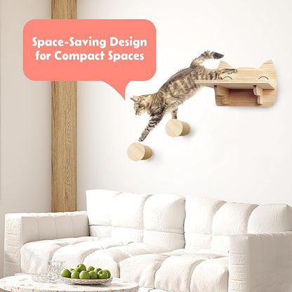 IDAE Cat Wall Shelves Set of 3 – Solid Wood Cat Shelf with 2 Wall Steps - Modern Climbing Furniture for Large Indoor Cats - Space-Saving Natural Perch Set