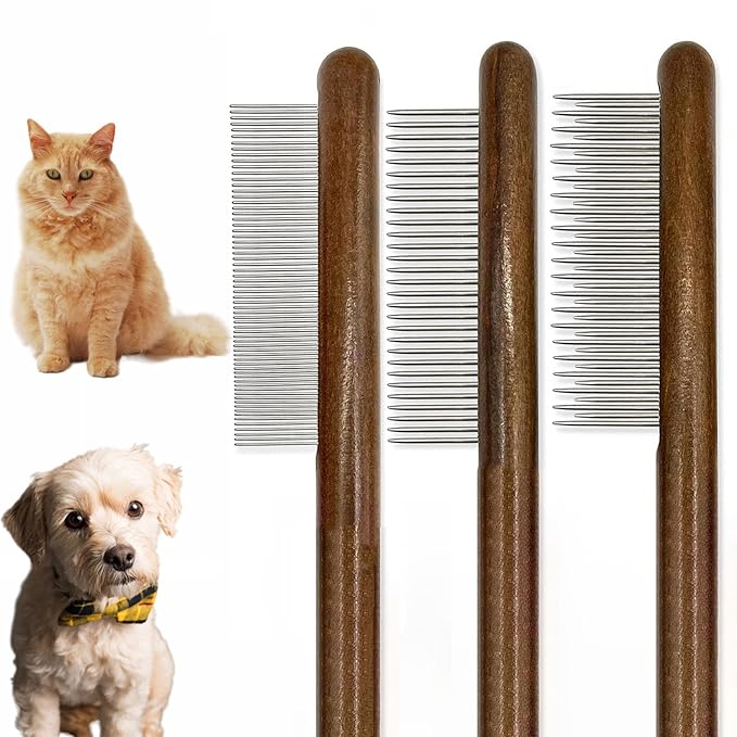 3 Pack Solid Wood Cat Combs, Dog Combs Cat Comb for Removing Tangles and Knots Flea Lice Comb with Rounded Stainless Steel Teeth Pet Comb Grooming Tool for Cats,Dogs and rabbits