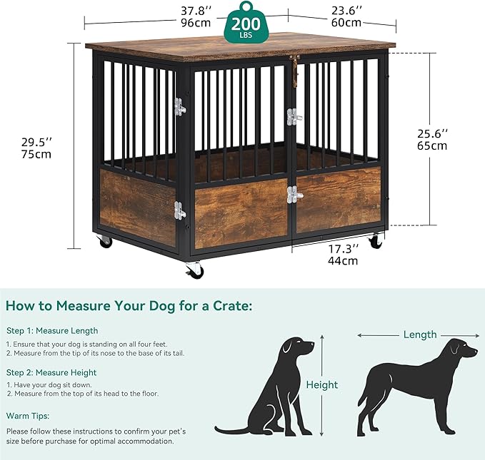 YITAHOME 38" Dog Crate Furniture with Wheels, Heavy Duty Wood Dog Cage Table with Double-Doors Chew-Resistant Wooden Dog Kennel Indoor for Large and Medium Dogs Rustic Brown