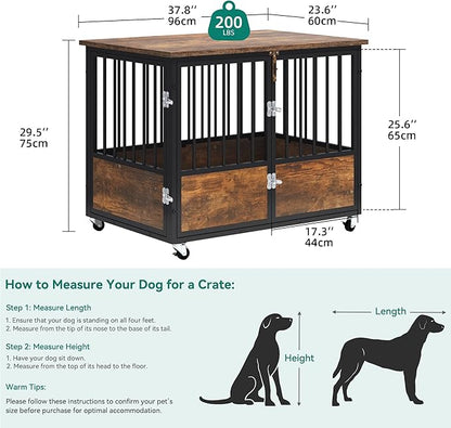 YITAHOME 38" Dog Crate Furniture with Wheels, Heavy Duty Wood Dog Cage Table with Double-Doors Chew-Resistant Wooden Dog Kennel Indoor for Large and Medium Dogs Rustic Brown