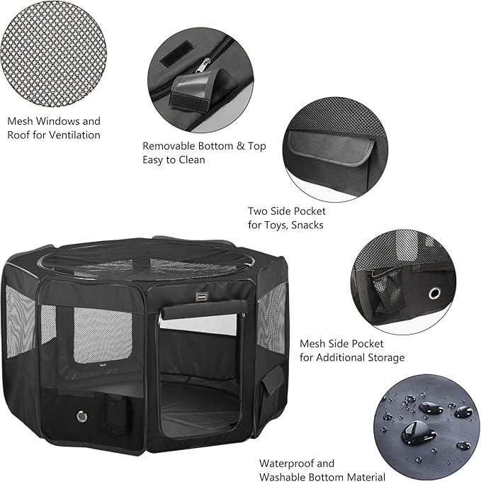 DONORO Dog Playpen Portable Pet Play Pens for Small Dog/Cat/Rabbit/Chicks, Cat Playpen Indoor/Outdoor with Carring Case, Removable Zipper Top and Bottom (Black, Small (29"x29"x15"), 8)