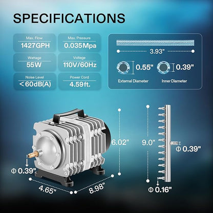 VIVOSUN Commercial Air Pump 1427 GPH 55W 90L/min 12 Outlet for Aquarium and Hydroponic Systems