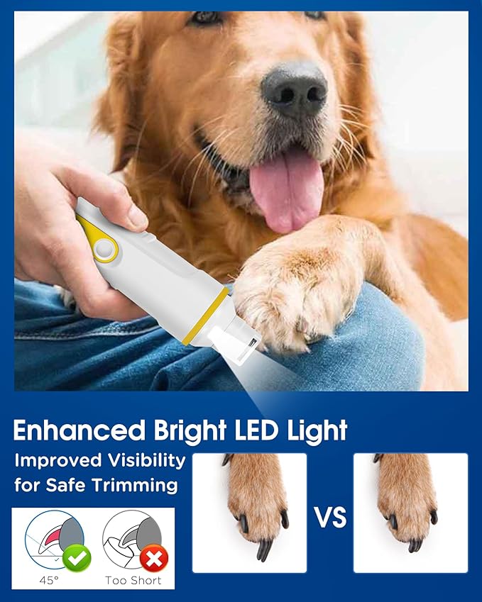 Dog Nail Grinder with Enhanced LED Light  Super Quiet, 2-Speed, USB-C Rechargeable, LED Smart Display, 3 Grinding Options, Pet Nail Trimmer for Dogs Cats and All Pet Sizes