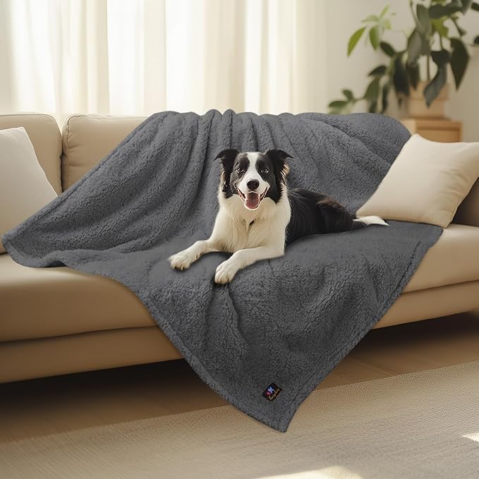 Luciphia Waterproof Pet Blanket for Medium Large Dogs Soft Cat Sherpa Calming Thick Cover Leakproof Cozy Puppy Sofa Bed Car Couch Protector(Grey,63x50 inches)