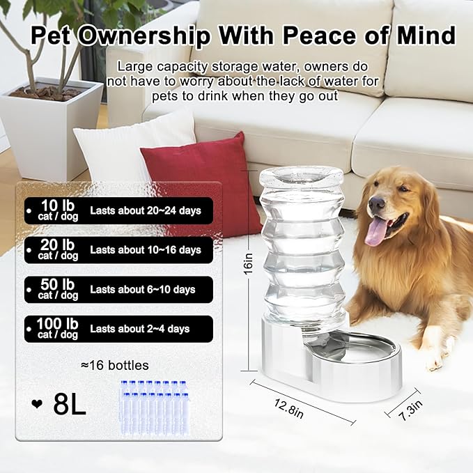 RIZZARI Large Gravity Water Dispenser: 8L Automatic Dog Water Feeder with Stainless Steel Bowl for 20-35 LB Senior Pets with Spinal Problems - for Kitchen Living Room