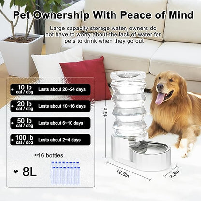 RIZZARI Large Gravity Water Dispenser: 8L Automatic Dog Water Feeder with Stainless Steel Bowl for 20-35 LB Senior Pets with Spinal Problems - for Kitchen Living Room