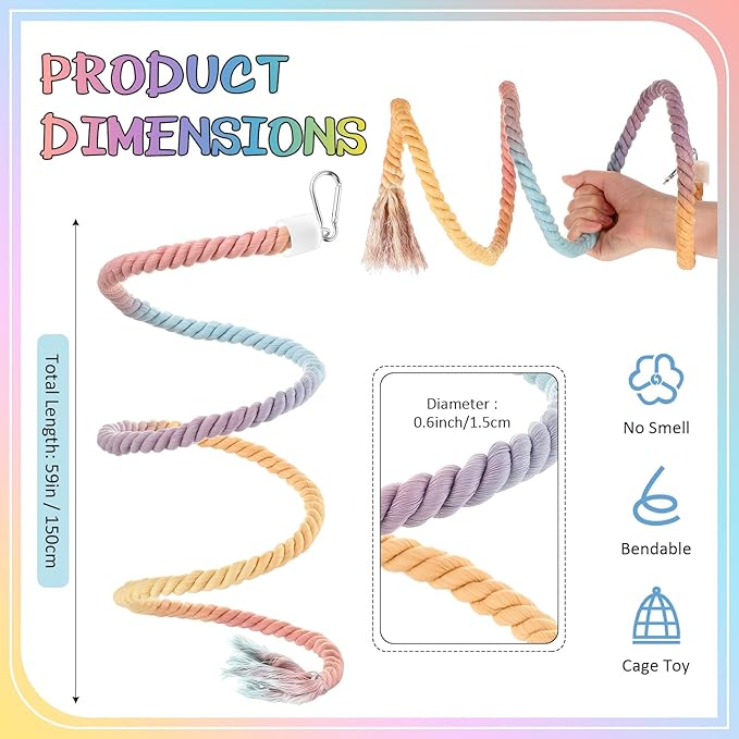 2 Pcs Gradient Bird Rope Perches Birdcage Swing Toy for Parrots Birdcage Cotton Swing Climbing Rope Standing Bungee Toy Accessory for Parrots, Cockatiel, Parakeet, Lovebird, Budgie (59'')