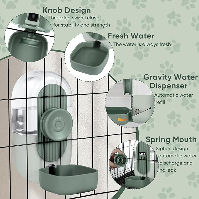 28oz Hanging Automatic Water Dispenserï¼_abbit Water Bottle,Bunny Guinea Pig Ferret Water Bowl for Cage,Suitable for Small Animal Puppies(Cage Grid Spacing Over 1.2'') (Green)