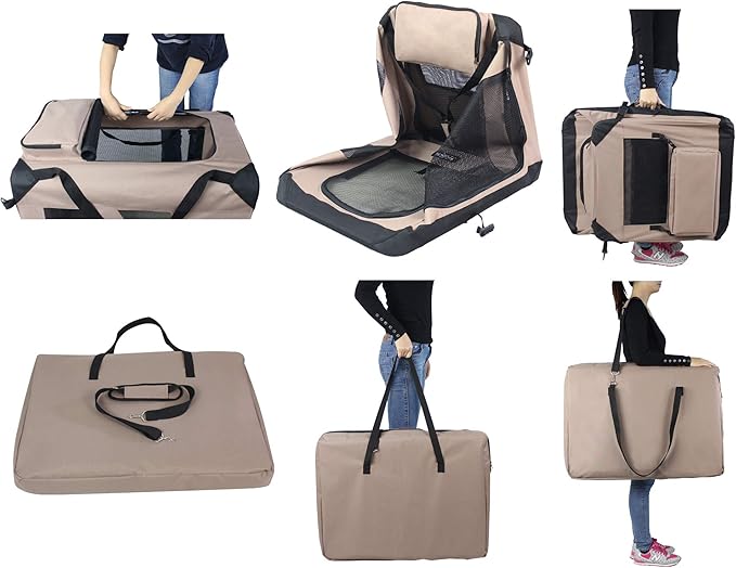 EliteField 3-Door Folding Soft Dog Crate with Carrying Bag and Fleece Bed (2 Year Warranty), Indoor & Outdoor Pet Home (42" L x 28" W x 32" H, Khaki)