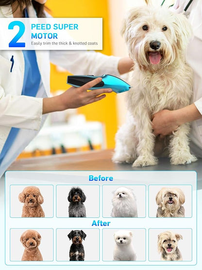 Dog Grooming Kit Low Noise Dog Clippers for Grooming Rechargeable Cordless Dog Grooming Clippers 2 Speed 6 Guards for Thick Knot Coats Pet Grooming Kit for Small Medium Large Dogs Cats (Blue)