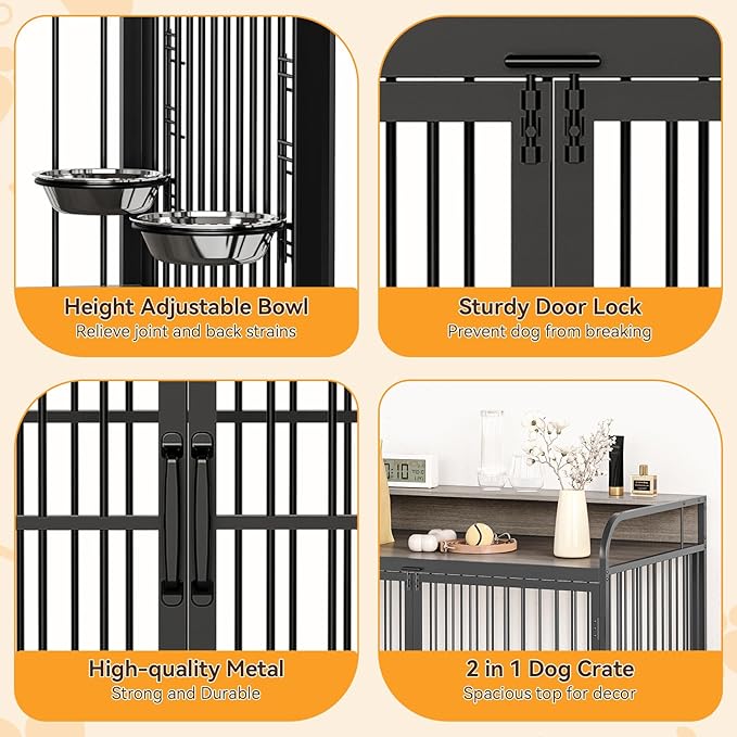 Dog Crate Furniture, Dog Crate Indoor with Adjustable Height Bowls, Wooden Heavy Duty, 39.8 Inch Dog Kennel Furniture for Medium Dogs, 39.8" L X 22.5" W X 38.6" H,Grey