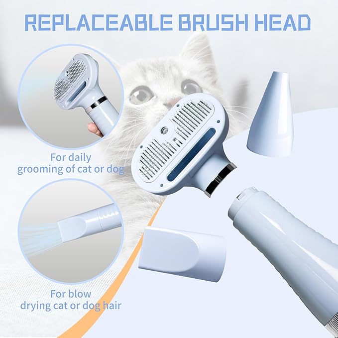 Spray Cat Brush for Shedding Pet Hair Dryer with Slicker Brush - Home Grooming Furry Portable Drying Blower for Short Straight Hair Cat - 3 in 1 Cleaning Brush for Cats and Dogs (BLUE)