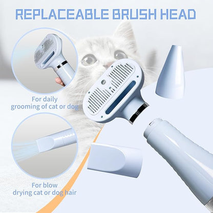 Spray Cat Brush for Shedding Pet Hair Dryer with Slicker Brush - Home Grooming Furry Portable Drying Blower for Short Straight Hair Cat - 3 in 1 Cleaning Brush for Cats and Dogs (BLUE)