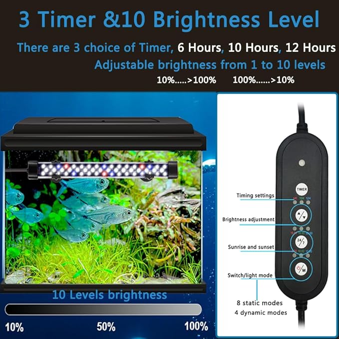 Submersible Aquarium Lights for Fish Tank,24/7 Cycle Fish Tank Light with Timer,Adjustable Brightness,8 Colors,Underwater Full Spectrum LED Aquarium Decor Plant Light,15.7'' for 20gallon Fish