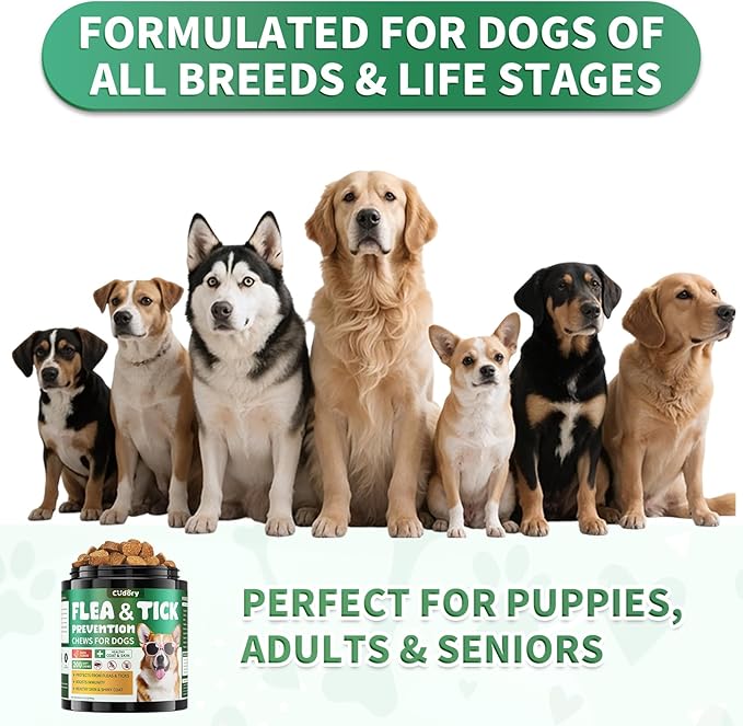 Flea and Tick Prevention for Dogs Chews – 200 Soft Chews, Dog Flea Chewables with Skin & Coat Support – Oral Supplement for All Breeds & Ages – Natural Duck Flavor