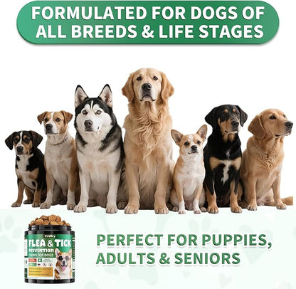 Flea and Tick Prevention for Dogs Chews – 200 Soft Chews, Dog Flea Chewables with Skin & Coat Support – Oral Supplement for All Breeds & Ages – Natural Duck Flavor