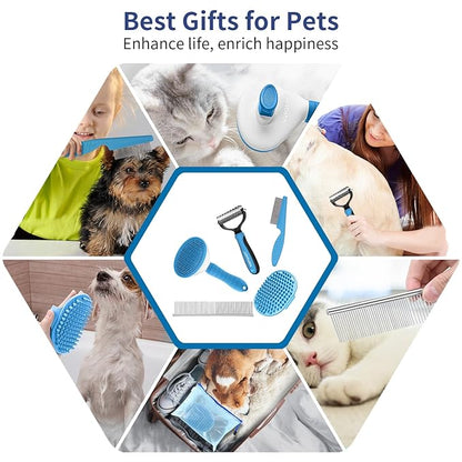 5 in 1 Dog Grooming Kit - Self-Cleaning Slicker Brush for Shedding Short Long Haired Dogs & Cats, Includes Pet Comb, Flea Comb, Bath Brush, Undercoat Rake - Complete Fur Care Set - Blue