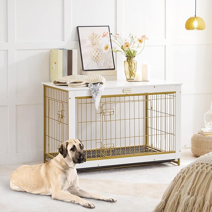 HOOBRO Dog Crate Furniture, 38.6" Large Dog Kennel Indoor, Wooden Dog Crate with Pull-Out Tray, Double Doors Dog House, Modern Side End Table for Small/Medium/Large Dog, White DW982GW03
