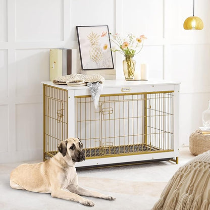 HOOBRO Dog Crate Furniture, 38.6" Large Dog Kennel Indoor, Wooden Dog Crate with Pull-Out Tray, Double Doors Dog House, Modern Side End Table for Small/Medium/Large Dog, White DW982GW03