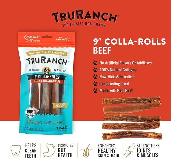 TRURANCH Collagen Rolls - 9" Collagen Rolls for Dogs - Long Lasting Healthy Joint Support Dog Treat - Rawhide Alternative - Skin & Coat Health - Made with Real Beef, 1 Bag, 3 Count