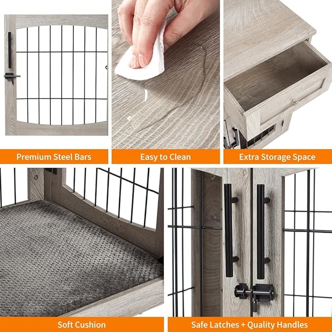 Dog Crate Furniture with Storage Drawers,39.4" Wooden Dog Crate Table with 2 Drawers,Indoor Dog Kennel with Cushion,Dog House,Dog Cage,Side End Table Crate