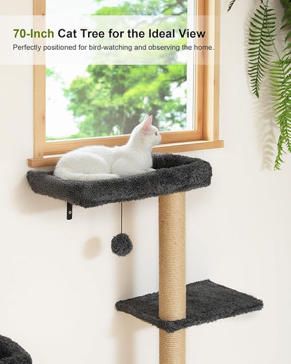 FUKUMARU Cat Wall Shelves, Stable 3-in-1 Wall Mounted Tree Set, Wooden Cats Furniture with Scratching Post, Space Saving Climbing Wall for 16 Inch Drywall - Gray