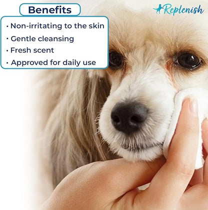Replenish Facial and Tear Stain Remover Wipes for Dogs and Cats - Dog Wipes for Face - Gentle Cleaning Pet Eye Wipes for Cats - Dog Eye Wipes Tear Stain Remover Eye Discharge, and Crust - 60 Count