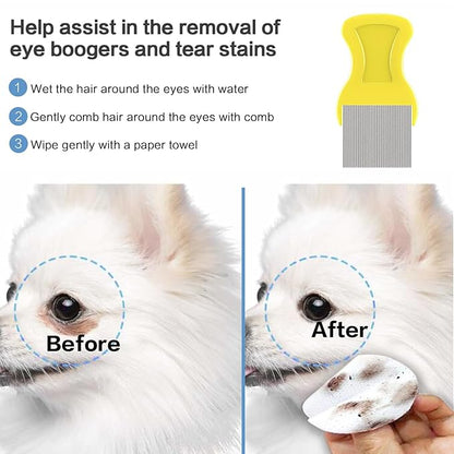 4Pack Pet Grooming Brush Kit, Aoche Dog Bath Brush Flea Comb for Dogs Pet Shampoo Brush Soothing Massage Rubber Comb Flea Lice Comb Cat Tear Stain Comb Dog Brush for Shedding, Pink+Yellow