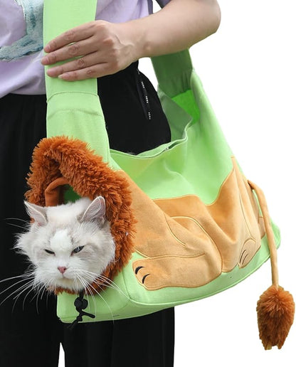 Dog Carrier Sling Lion-Shaped Pet Canvas Bag Cat Shoulder Bag Pet Body Holder for Daily Use Walking Travel Outdoor, Light Green L